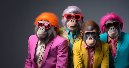 Creative animal concept. Group of ape in funky Wacky wild mismatch colourful outfits isolated on bright background advertisement, copy space. birthday party invite invitation banneの素材