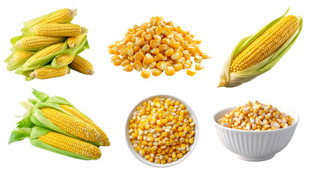 Corn vegetable fruit, many angles and view side top front cluster stalk group cut isolated on white background cutout file. Mockup template for artwork graphic designの写真素材