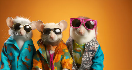 Creative animal concept. Group of mouse mice in funky Wacky wild mismatch colourful outfits isolated on bright background advertisement, copy space. birthday party invite invitatioの素材