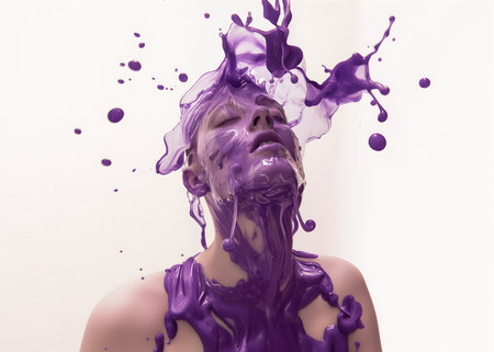 Fashion surreal Concept. Closeup portrait of girl dissolve melting emerging from purple violet molten liquid paint. illuminated with dynamic composition and dramatic lighting. copyの素材