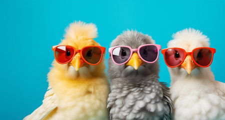 Creative animal concept. Group of chick chicken hen friends in sunglass shade glasses isolated on solid pastel background, commercial, editorial advertisement, copy text spaceの素材