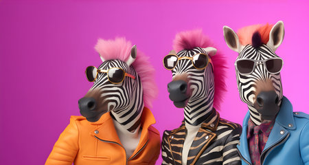Creative animal concept. Group of zebra in funky Wacky wild mismatch colourful outfits isolated on bright background advertisement, copy space. birthday party invite invitation banの素材