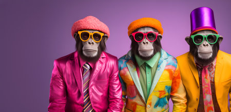 Creative animal concept. Group of chimpanzee in funky Wacky wild mismatch colourful outfits isolated on bright background advertisement, copy space. birthday party invite invitatioの素材