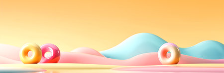 Creative template concept. Pastel colourful candy abstract geometrical mountain ring on orange sky landscape. Mock up for product presentation. copy text spaceの写真素材