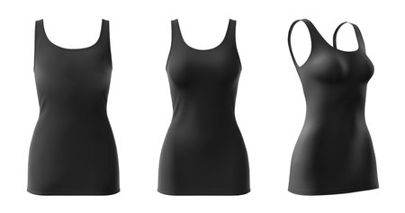 Set of black bodycon sleeveless basic everyday tank tee dress round neck, front back side view on white background cutout file. Mockup template for artworkの写真素材