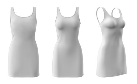 Set of white bodycon sleeveless basic everyday tank tee dress round neck, front back side view on white background cutout file. Mockup template for artwork graphicの写真素材