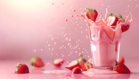 Creative food template. Topping fruit strawberry strawberries splashing dropping onto glass of milk milkshake yoghurt smoothie with liquid droplet splash on pink background. copy tの写真素材