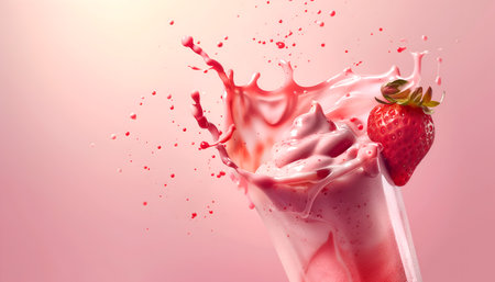 Creative food template. Close up Topping fruit strawberry strawberries with glass of milk milkshake yoghurt smoothie with liquid droplet splash splashing swirl on pink background.の写真素材