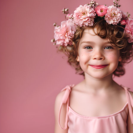Creative fashion Concept. Closeup portrait of smiling curly hair freckled radiant shiny face child wearing wreath of blooming spring fresh flowers floral on pastel pink background.の素材