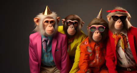 Creative animal concept. Group of monkey in funky Wacky wild mismatch colourful outfits isolated on bright background advertisement, copy space. birthday party invite invitation baの素材