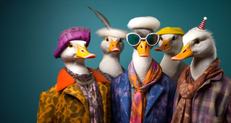 Creative animal concept. Group of duck bird in funky Wacky wild mismatch colourful outfits isolated on bright background advertisement, copy space. birthday party invite invitationの素材