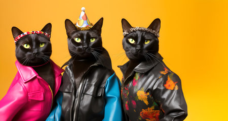 Creative animal concept. Group of Bombay cat kitty kitten in funky Wacky wild mismatch colourful outfits on bright background advertisement, copy space. birthday party invite invitの素材