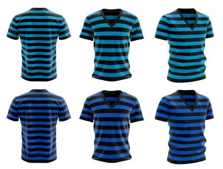 2 Set of black dark light blue turquoise stripe striped men tee t shirt v neck front, back and side view on background cutout file. Mockup template for artworkの写真素材