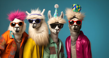 Creative animal concept. Group of llama in funky Wacky wild mismatch colourful outfits isolated on bright background advertisement, copy space. birthday party invite invitation banの素材
