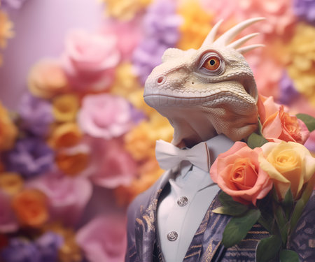 Creative animal concept. Iguana reptile in smart suit, surrounded in a surreal garden full of blossom flowers floral landscape. advertisement commercial editorial banner cardの素材
