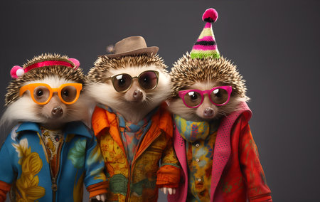 Creative animal concept. Group of hedgehog in funky Wacky wild mismatch colourful outfits isolated on bright background advertisement, copy space. birthday party invite invitationの素材
