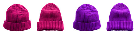 2 Set of magenta purple pink classic knit knitted woven cuffed wool ribbed beanie hat, front and flat lay view on cutou file. Mockup template for artwork designの写真素材