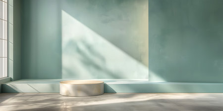 Creative interior concept. Podium stage in abstract large scratch chalk room wall with interesting sunlight shadow from window. Template for product presentation. Mock upの写真素材