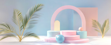Abstract minimal concept. Pastel bright colour background with podium stage, abstract geometric arch and palm leaf trees setting. Mock up template for product presentation.の写真素材