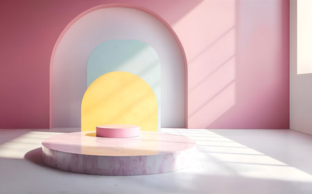 Abstract minimal concept. Pastel bright arch colour background with podium stage, geometric shiny marble with light shine from window . Mock up template for product presentation.の写真素材