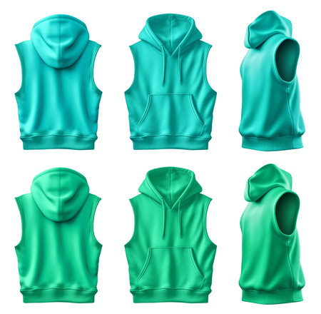 2 Set of turquoise blue green front back side view, sleeveless hoodie hoody sweatshirt tee on background cutout file. Mockup template for artwork graphic designの写真素材