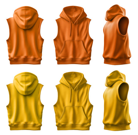 2 Set of yellow orange mustard front back side view, sleeveless hoodie hoody sweatshirt tee on background cutout file. Mockup template for artwork graphic designの写真素材