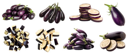 Eggplant aubergine brinjal baigan fruit vegetable, many angles and view side top front group slice cut isolated on background cutout file. Mockup template for artwork designの写真素材