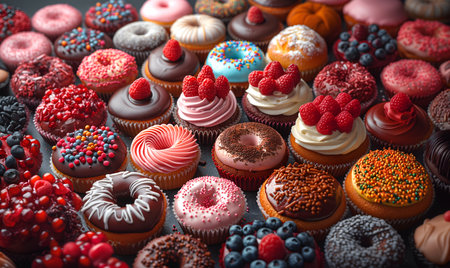 Creative food concept. Row of many colourful Cupcake muffin cake doughnut with topping of chocolate icing frosting and sprinkles raspberry blueberry nuts fruits. Top viewの写真素材