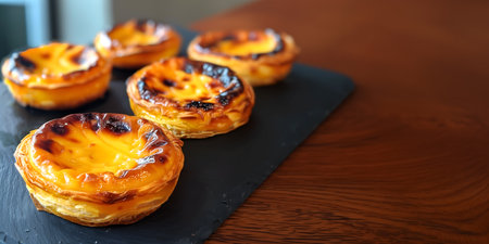 Creative food template. Pastel de nata egg custard tart pastry row laying on black stone slab on...