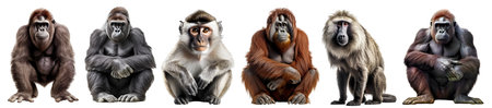 Set of 6 ape monkey family, Gorilla, apes, Chimpanzee, Baboon, Orangutang, full body shot isolated on background cutout, fileの写真素材