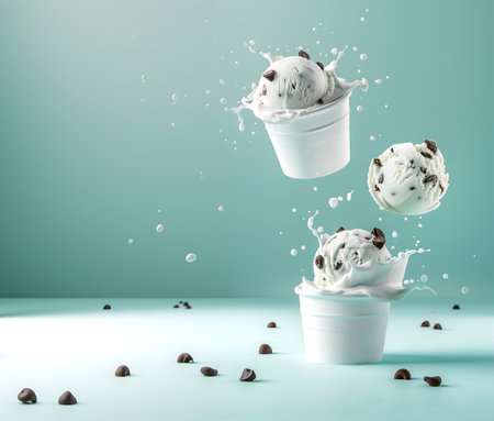 Creative food template. Soft serve gelato mint and chocolate chip ice cream in tub splashing bursting flying scoops drop on green background. magazine, banner,. copy text spaceの写真素材