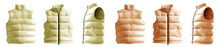 2 Set of pastel light yellow orange Down puffer padded quilted warmth parka vest, front back side view on cutout file. Mockup template for artwork designの写真素材