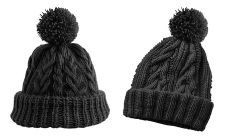 Set of black pom pom ball knit knitted woven cuffed wool ribbed beanie hat, front and flat lay view on cutout file. Mockup template for artwork designの写真素材