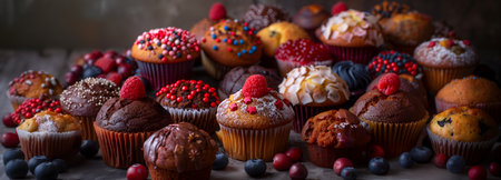 Creative food concept. Row stack of many colourful Cupcake muffin cake doughnut with topping of chocolate icing frosting and sprinkles raspberry cranberry cream nuts fruits.の写真素材