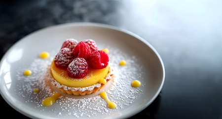 Creative food template. Juicy Berry raspberry on lemon cream curd fruit tart tartlet pastry dessert light shining, with dusting powdered sugar scattered. copy text spaceの写真素材