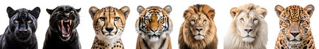 Set of 5 Panthera wild cats family, Panther, cheetah, jaguar, lion, tiger, portrait head shot...