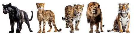 Set of 5 Panthera wild cats family, Panther, cheetah, jaguar, lion, tiger, portrait full body shot...