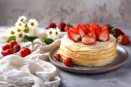 Creative food template. Stack of crepes pancake pastry dessert with daisy flowers and strawberry fruit scattered over linen tablecloth rustic background. copy text spaceの写真素材
