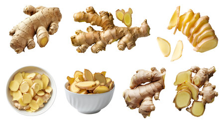 Ginger root vegetable herb, many angles and view side top front cluster pile slice isolated on background cutout file. Mockup template for artwork graphic designの写真素材