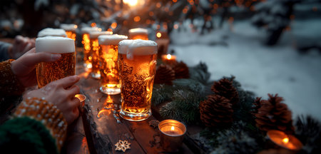Creative food template. Enjoying drink with Row of glass of foam foaming froth beer on counter table bar with blurred winter snow forest outdoor bokeh background. copy text spaceの写真素材