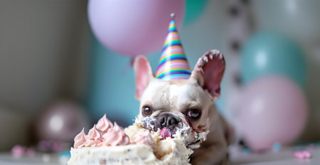 Creative food animal template. A greedy messy French bulldog with party hat covered in frosting cream eating a huge birthday vanilla cake in pastel balloon room, banner. copy spaceの写真素材
