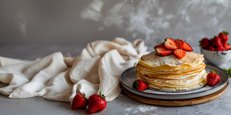 Creative food template. Stack of crepes pancake pastry dessert with strawberry fruit scattered over linen tablecloth concrete stone rustic background. copy text spaceの写真素材