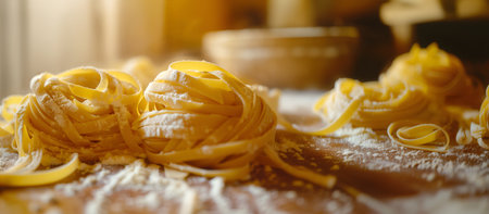 Creative food Concept. Pile of raw Fettuccine Tagliatelle pasta dusted with flour ready for cooking with sunlight shining. copy text spaceの写真素材