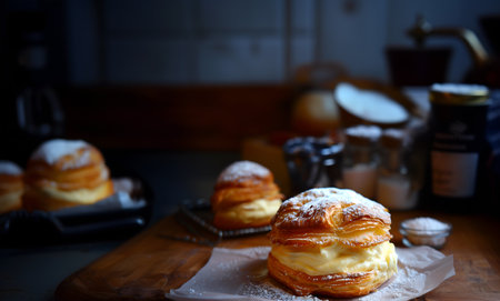 Creative food template. Cream puff curd pastry dessert with dusting powdered sugar in blur wooden...