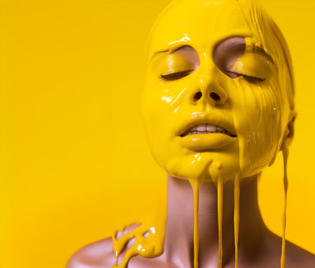 Fashion Concept. Closeup portrait of Androgyny man woman yellow liquid flowing fluid gel paint smear covered dripping. illuminated with dynamic light. sensual, mysteriousの素材