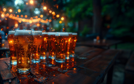 Creative food template. Row of glass of foam foaming froth beer on wooden table bar top with outdoor...