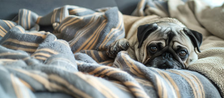 Creative animal template. A lazy cute sleepy pug dog puppy lying looking on soft comfy sofa with stripe wool rug and sunlight shining, banner, wallpaper. copy text spaceの写真素材