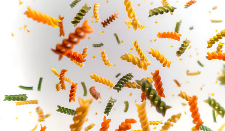Creative food Concept. Colourful Tri Colour Fusilli Rotini spiral pasta falling dropping down on light background. copy text spaceの写真素材