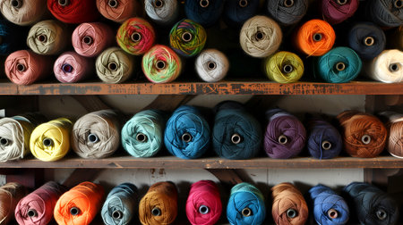 Creative art craft template. Rows of colourful Bobbin of yarn wool woollen balls roll on rustic wooden shelf.の写真素材