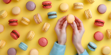 Creative food template. Hand holding sorting colourful Macaroon Macaron scattered pattern seamless on sunshine yellow background. magazine, banner, advertisement. copy text space.の素材